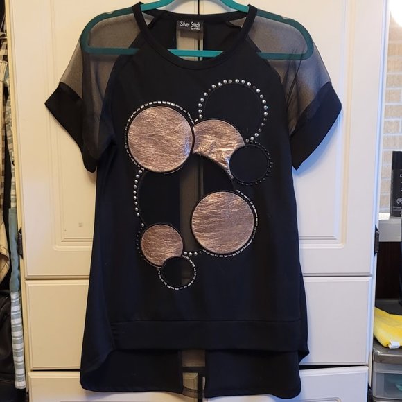 Silver Stitch Black and Silver Mesh and PU Leather T Shirt Dress - Picture 2 of 4